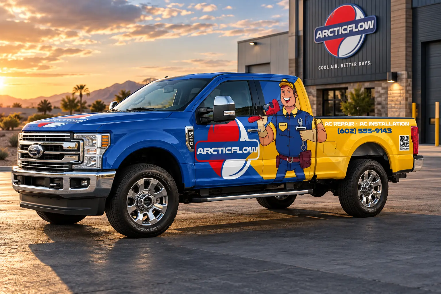ArcticFlow HVAC blue and yellow pickup truck wrap
