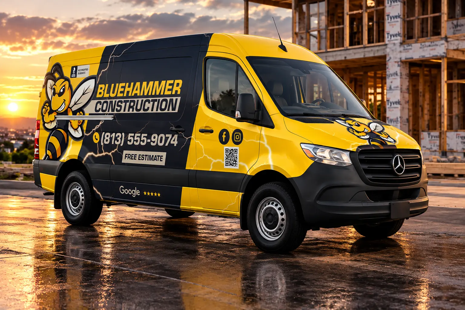 BlueHammer Construction yellow Mercedes work van wrap designed by BrandRig