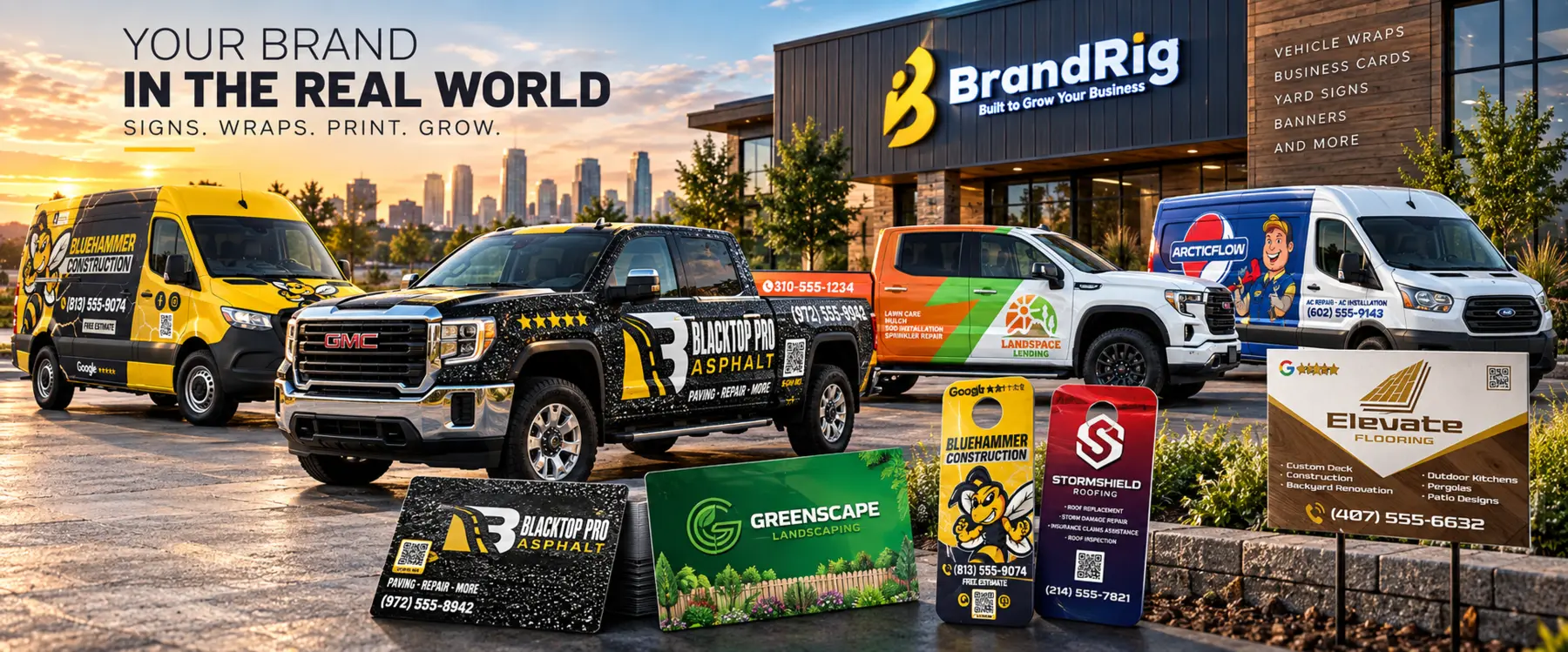 BrandRig construction branding system with vehicle wraps, yard signs, business cards and door hangers