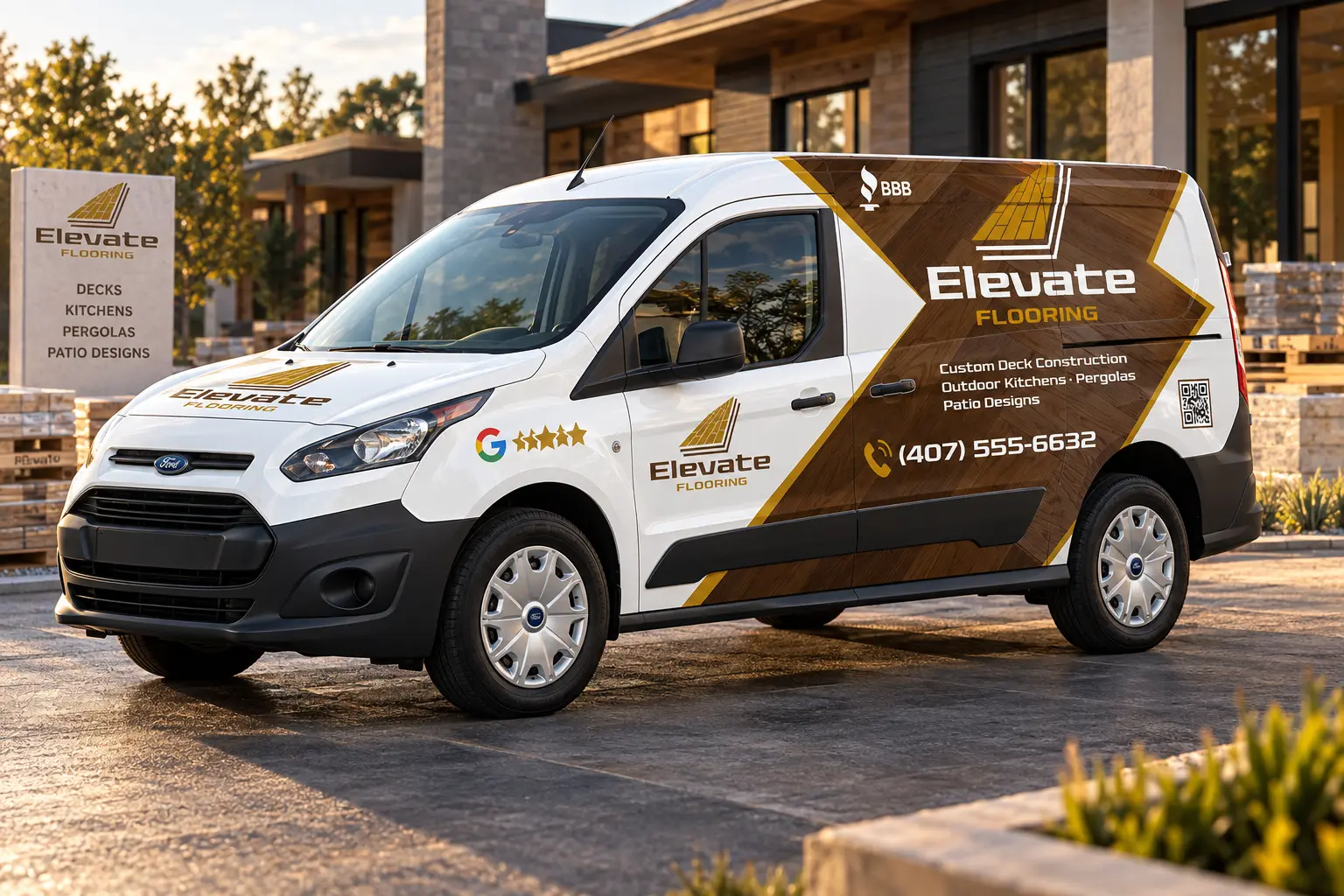 Elevate Flooring white and bronze work van wrap