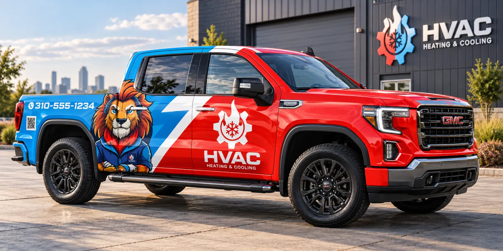 Red HVAC contractor pickup truck wrap