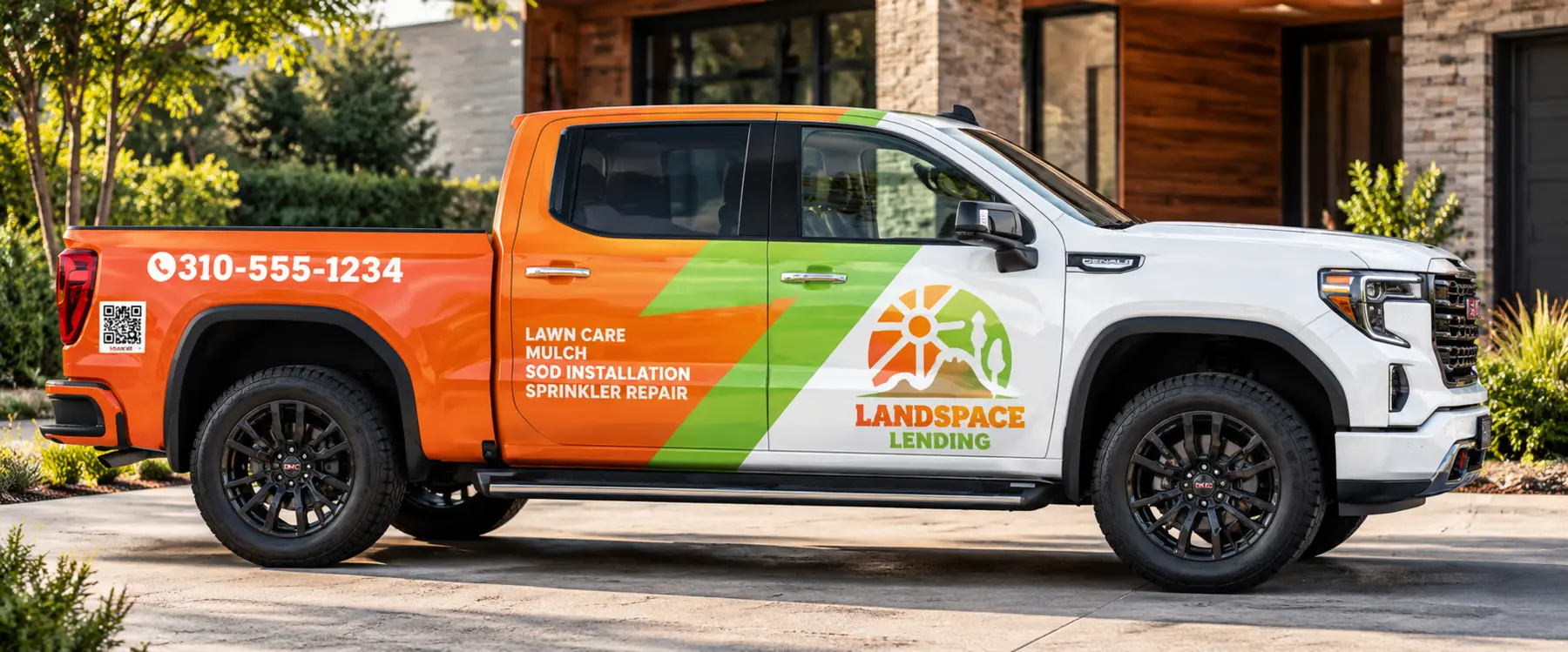 Landscape Life white and orange pickup truck wrap