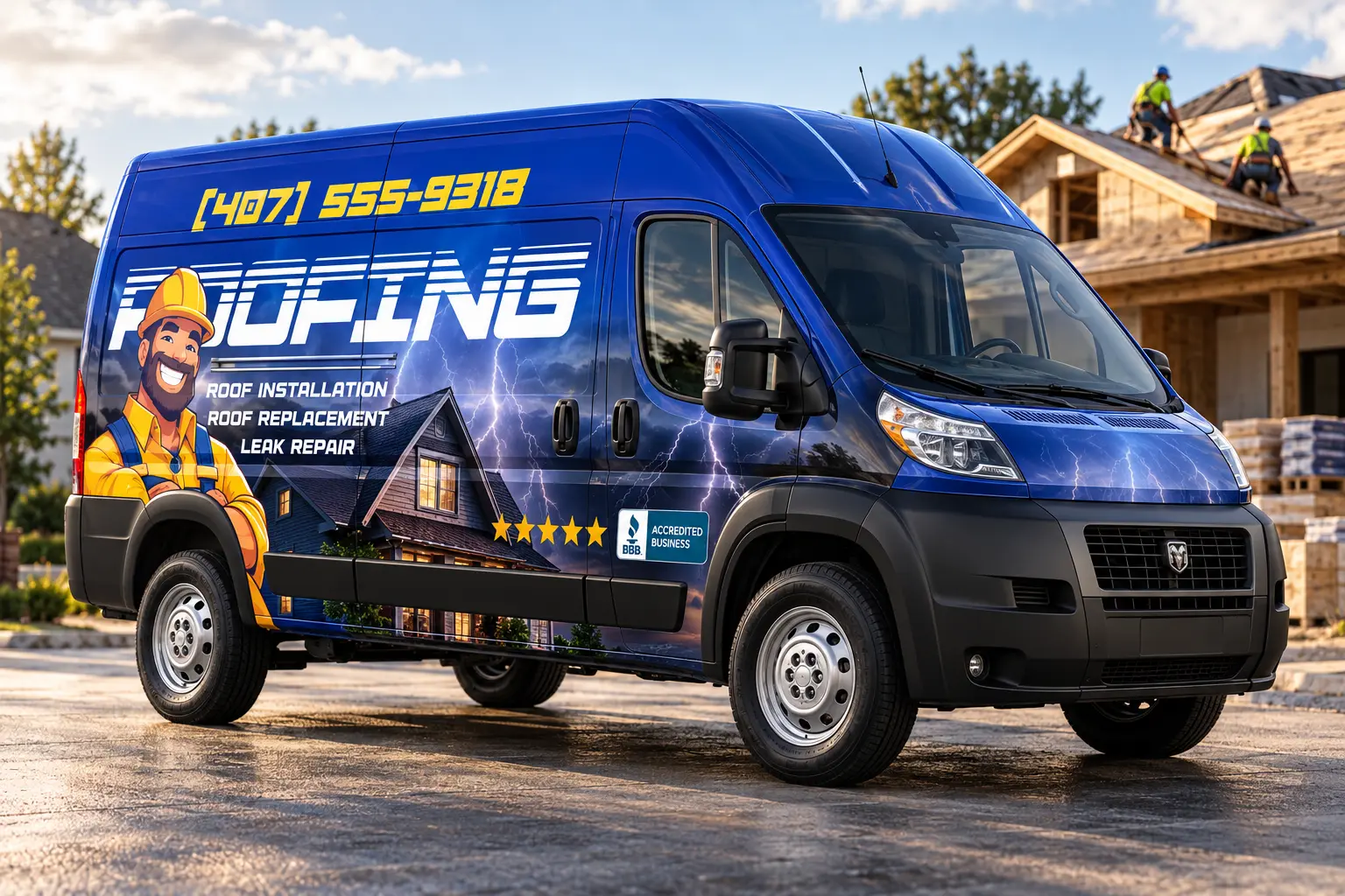 Blue roofing contractor van wrap