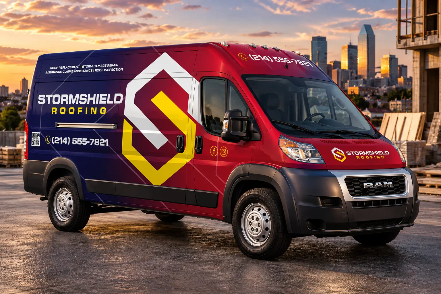 StormShield Roofing red and navy work van wrap